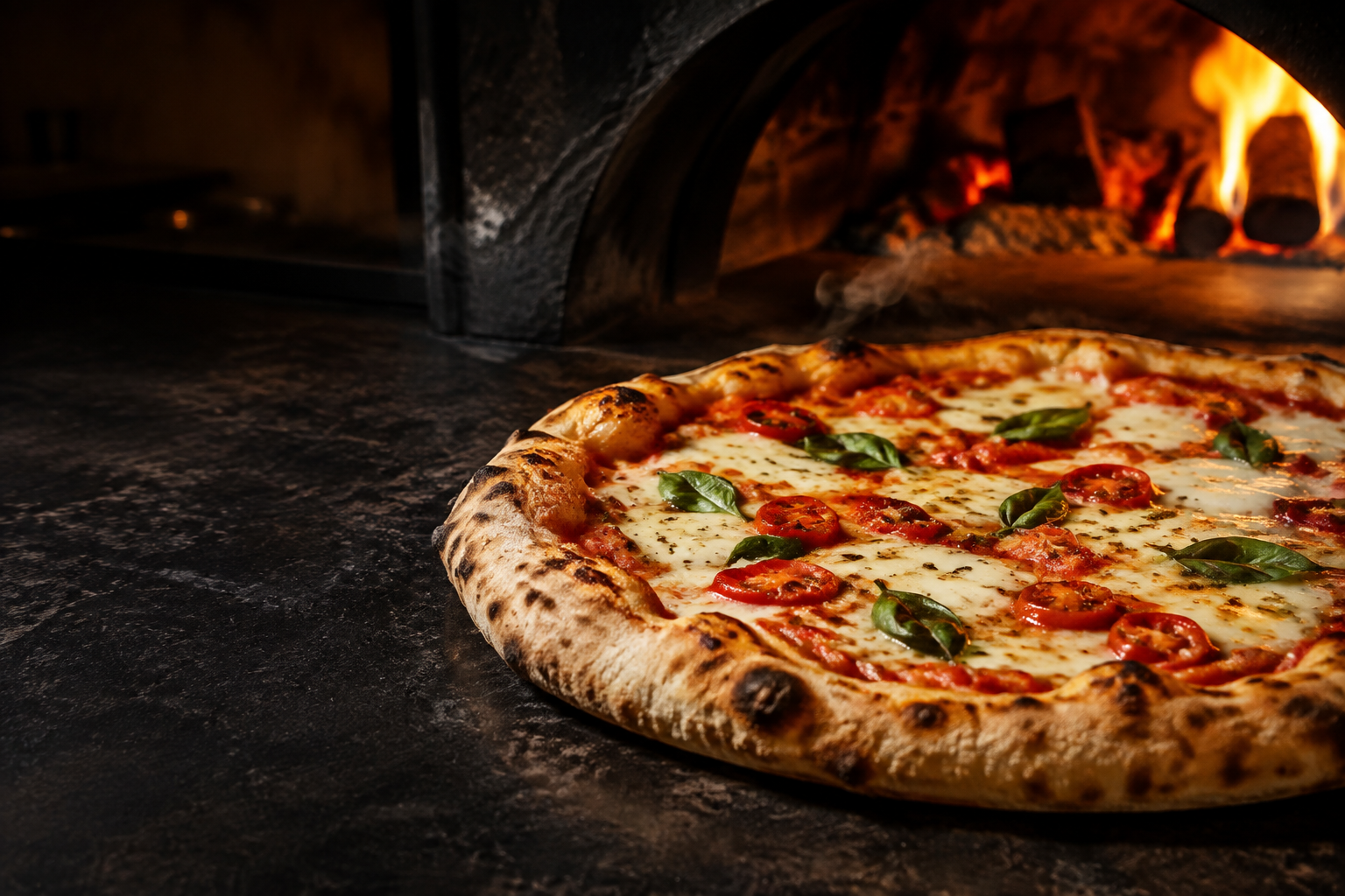 Frisch gebackene Pizza vor einem Steinofen